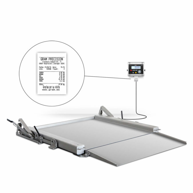 Stainless steel platform scale with an indicator with integrated printer to print tickets with detailed weighing information