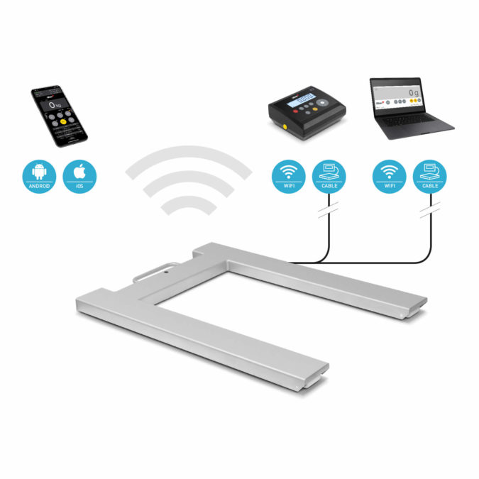 Washdown Pallet Scale with multiple connectivity options to our PC software or mobile app: Ethernet, RS232, USB, RS485 or WLAN (optional)